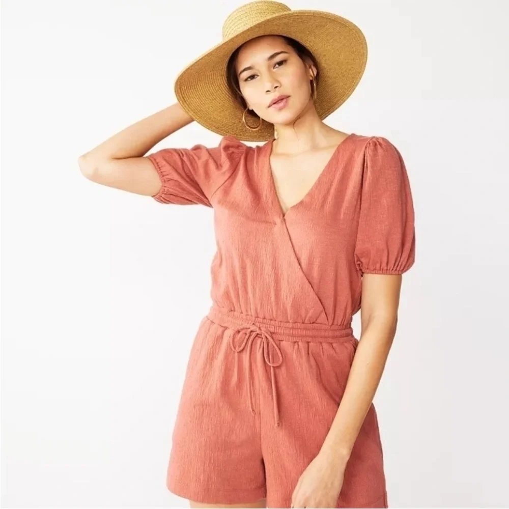 Rust Romper with Puff Sleeves and Pockets - Picture 1 of 8
